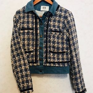 Waist-length tweed and denim jacket